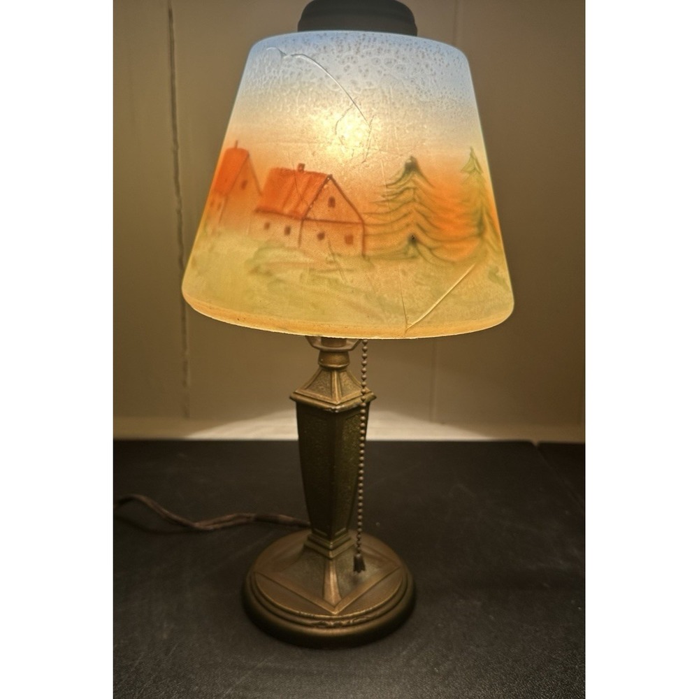 Antique Reverse Painted Table Lamp Brass Scenic Shade Pull Chain 14" Tall